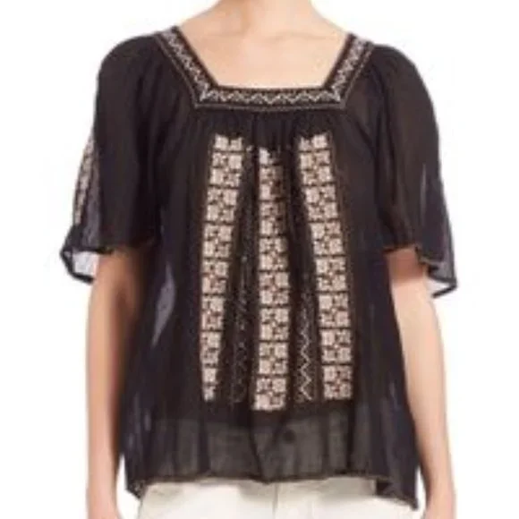 Joie Tahoma Embroidered Blouse black mexican influence worn by CECe on new girl - Picture 2 of 9